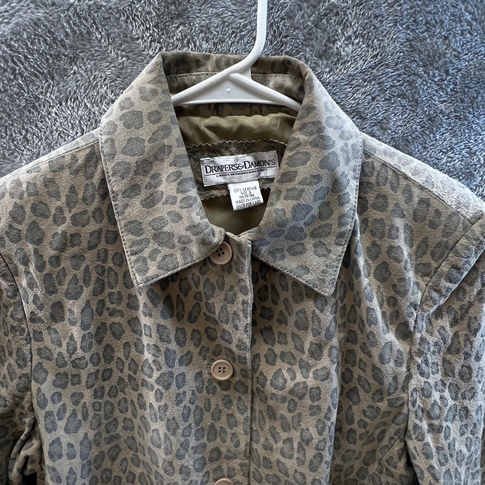 Drapers & Damons Womens S Leopard Print 100% Leather Jacket Tan Grey Mob Wife